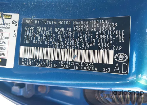 2009 Toyota Corolla S/Le/Xle из США, поврежденный, VIN 2T1BU40E89C117747